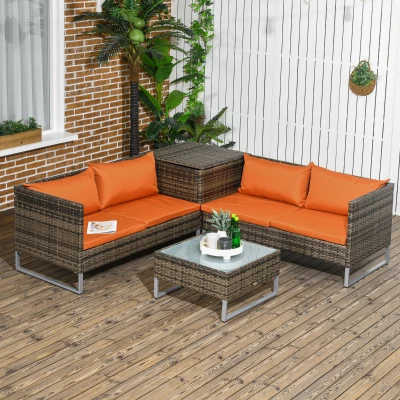 Outsunny Rattan Sofa Set 4-Piece with Storage Table Orange/Brown