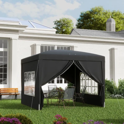 Outsunny 3 x 3 m Pavillon mit 4 Seitenwänden, Fenster, Festzelt mit UV-Schutz, Gartenzelt inkl. Tragetasche, Stahl, Schwarz