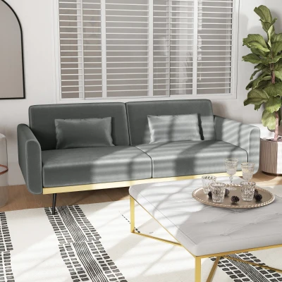HOMCOM Divano Letto 3 Posti Vellutato con 2 Cuscini Grigio
