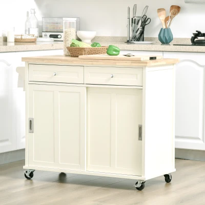 HOMCOM Desserte îlot de cuisine - 2 tiroirs, 2 placards portes coulissantes avec étagères - dim. 110L x 49l x 89H cm - MDF écru plateau bois caoutchouc
