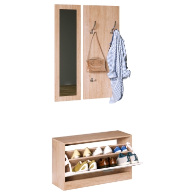 HOMCOM Conjunto de Muebles de Entrada Recibidor Pasillo Set de 3 Piezas Zapatero Espejo Perchero con 4 Ganchos para Colgar Ropa 80x27x46,5cm Madera