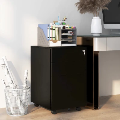 Vinsetto Rollcontainer Aktenschrank, 3 Schubladen, abschließbar, rollbar, 37 cm x 43,5 cm x 60 cm, Schwarz