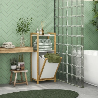 HOMCOM Meuble Bambou Salle de Bain avec Panier et 2 Étagères