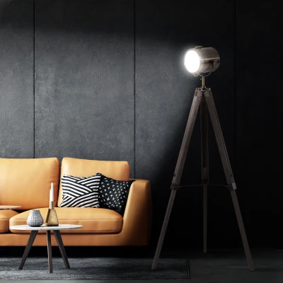 HOMCOM Industrial Tripod Floor Lamp Wood Legs Grey/Bronze