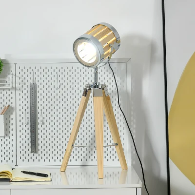 HOMCOM Stativ-Leuchte aus Holz Dreibeiniges Gestell, Scheinwerfer-Design 30 cm x 30 cm x 68 cm Holz Natur + Silber