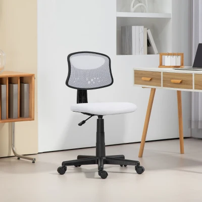 HOMCOM Silla de Oficina sin Brazos Silla de Escritorio Giratoria con Respaldo de Malla Transpirable Altura Ajustable Blanco