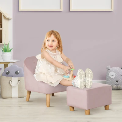 HOMCOM Kindersessel mit Ottomane für Kinder von 3 bis 5 Jahren Niedliches Design Samtoptik 51 cm x 51 cm x 50 cm Rosa