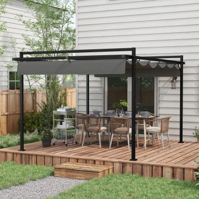 Outsunny Cenador de Jardín 3x4 m con Techo Retráctil de Poliéster y 12 Orificios de Drenaje Pérgola para Terraza Gris Oscuro