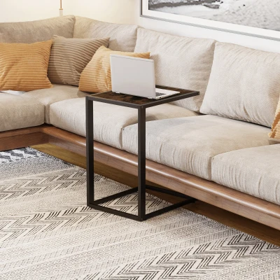 HOMCOM C-Shaped Side Table Metal Frame Brown & Black