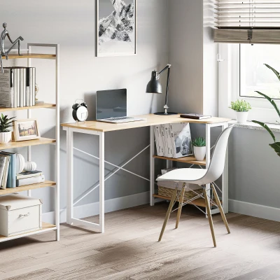 HOMCOM L Shaped Folding Desk with 2-Tier Shelf Oak Tone 120cm