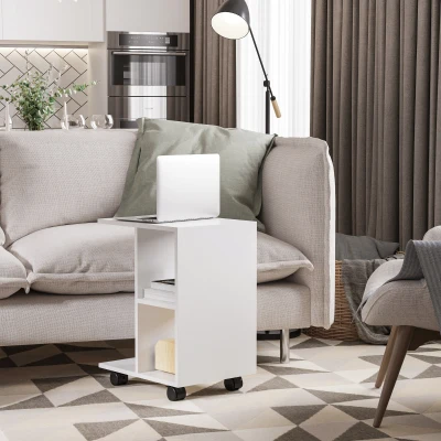 HOMCOM Mesita Auxiliar con Ruedas Mesa para Sofá en Forma de C con Estantes Abiertos para Salón 45x35x58 cm Blanco