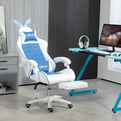 Vinsetto Gaming Chair PU Leather Blue with Footrest & Ears