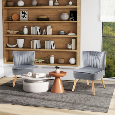 HOMCOM Velvet Accent Chair Curved Back Set of 2 Grey