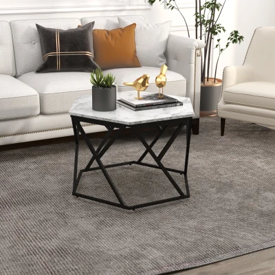 HOMCOM Hexagonal Coffee Table Steel Frame White Marble Effect