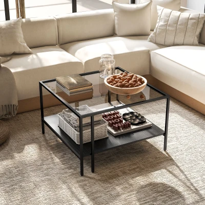 HOMCOM Table Basse Carrée Verre Trempé avec Étagère Noir