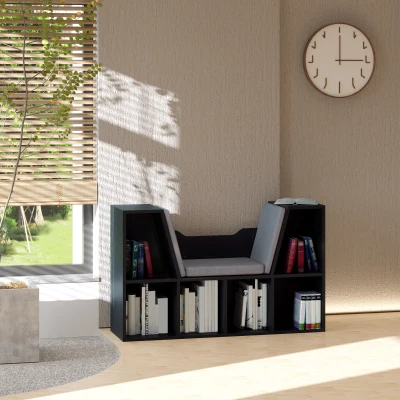 HOMCOM Bookcase Shelf with Cushioned Seat Black