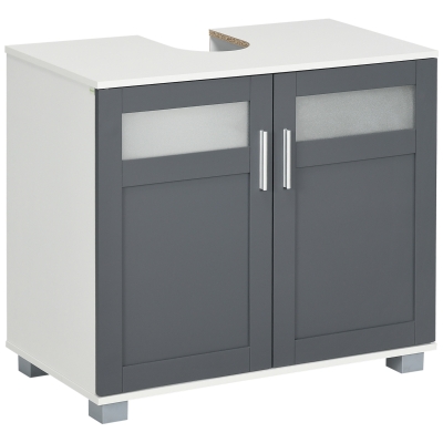 kleankin Mueble para Debajo del Lavabo Armario de Baño Bajo Lavabo con 2 Puertas de Vidrio Templado 69x35x59 cm Blanco y Gris