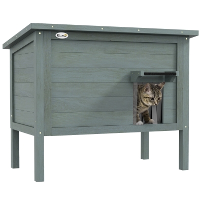 PawHut Insulated Wooden Cat House Water-Resistant Charcoal Grey