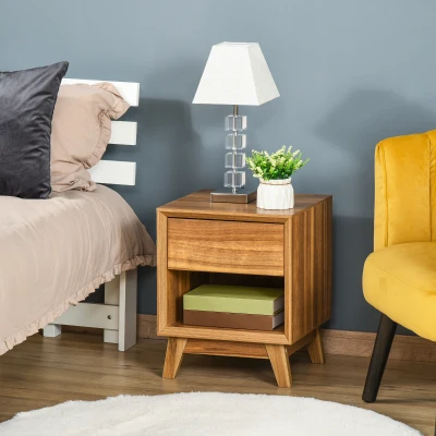 HOMCOM Modern Bedside Table Walnut Brown with Drawer & Shelf