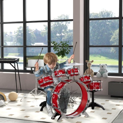 AIYAPLAY Batería para Niños de +3 Años con Tambores Bombo Platillo Pedal y Baquetas Diseño con Tema de Estrellas 65x22x57 cm Rojo
