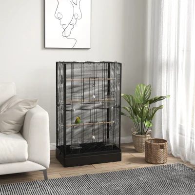 PawHut Jaula para Pájaros 61x36,5x98 cm con 8 Puertas 5 Perchas Bandeja Extraíble y 4 Comederos para Periquitos Pinzones Negro
