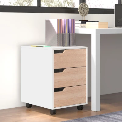 HOMCOM Mobile File Cabinet Oak 3 Drawer with Wheels
