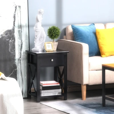 HOMCOM End Table Black with Drawer & X Bar Shelf