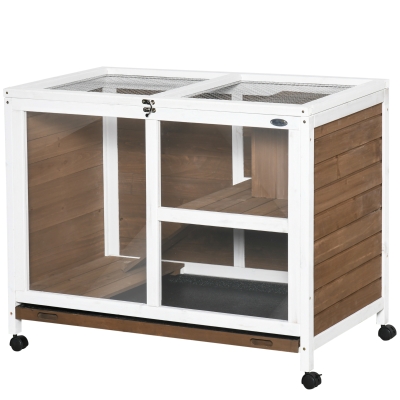 PawHut Cage Lapin Bois Massif 2 Étages Roulettes Marron