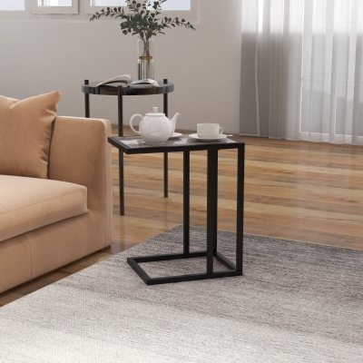 HOMCOM C Shape Bedside Table Metal Frame Marble-Effect Grey