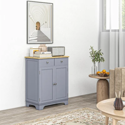 HOMCOM Buffet Salon 2 Tiroirs Étagères Réglables Gris Bois