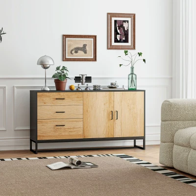 HOMCOM Buffet Salon 3 Tiroirs Étagère Réglable Pieds Acier