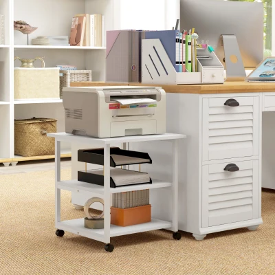 HOMCOM Carrello Porta Stampante 3 Ripiani e 4 Ruote Bianco