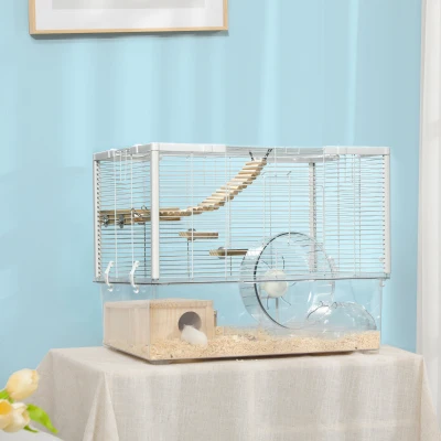 PawHut Hamster Cage with Wooden Ramp & Wheel - White