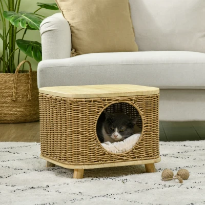 PawHut Wicker Cat House with Cushion Elevated Light Brown
