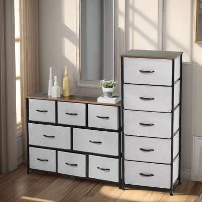 HOMCOM Commode 13 Tiroirs Tissu Gris et Acier Noir
