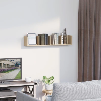 HOMCOM Wall-Mount Media Storage Rack Wooden Shelf Natural