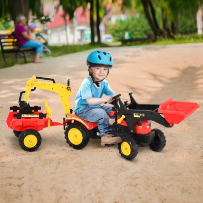 HOMCOM Tracteur à pédales tractopelle Double avec remorque Pelle et rateau Jeu de Plein air Enfants 3 à 6 Ans Rouge Noir