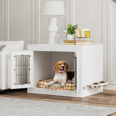 PawHut Cage Chien Bois Blanc 80x60x63cm 2 Bols Rotatifs