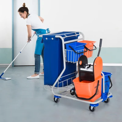 HOMCOM Carro de Limpieza con Bolsa de Basura Carro de Servicio con Doble Cubo de 18 Litros Escurridor de Prensa 2 Cubetas Auxiliares 93x80x97 cm Naranja y Azul