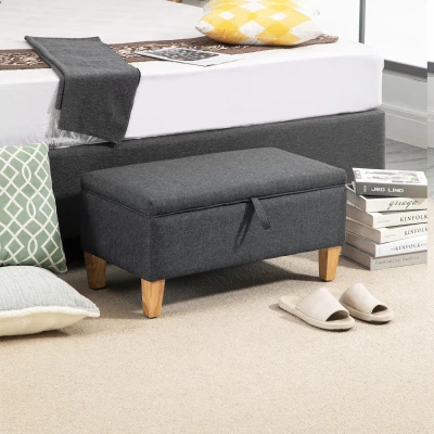 HOMCOM Linen Storage Ottoman Dark Grey with Rubberwood Legs
