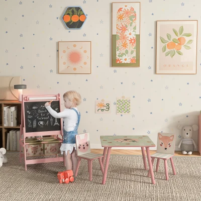 ZONEKIZ Kids Table & Chair Set with Easel Storage Pink