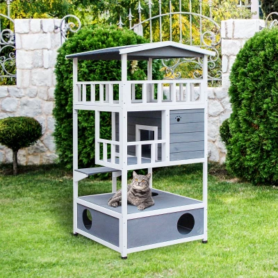 PawHut Caseta para Gatos de Madera 75,5x75x137 cm con Techo Asfáltico Plataformas para Interior y Exterior Gris