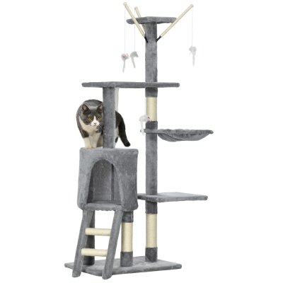 PawHut Árbol para Gatos de 134,2 cm con Nidos Plataformas Casetas Ratón de Juego Hamaca y Postes de Sisal 50x35x134,2 cm Gris