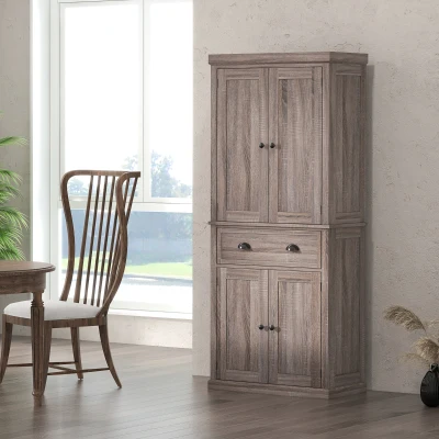 HOMCOM Kitchen Cupboard 184cm Dark Wood Grain 4-Door