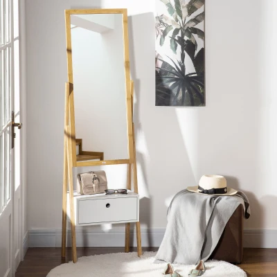 HOMCOM Miroir sur Pied Rangement Bambou Blanc