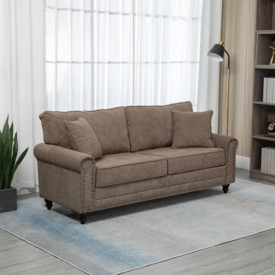 HOMCOM 3-Seater Fabric Sofa with Nailhead Trim Brown