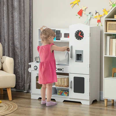 AIYAPLAY Cocina de Madera Infantil con Fogón Grifo Fregadero Microondas Reloj Máquina de Hielo y Accesorios de Cocina Blanco