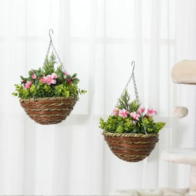 Outsunny Faux Lisianthus Flowers Hanging Planter Pink