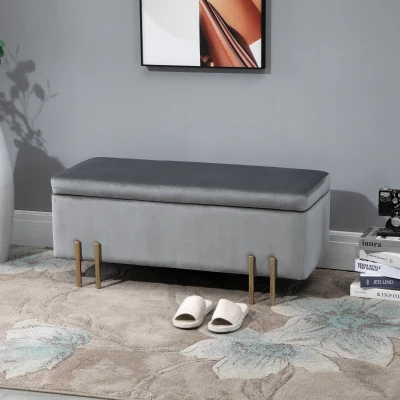 HOMCOM Banc Velours Gris Espace Rangement Métal Doré