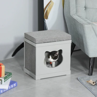 PawHut Cat House Bed Cube Grey 41x30x36cm with Scratching Pads